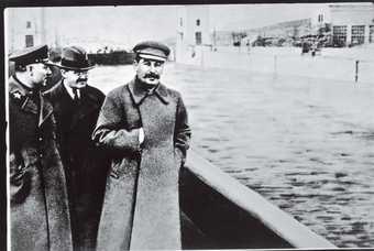 Undated photograph of Voroshilov, Molotov and Stalin, with Nikolai Yezhov, commissar of water transport, deleted. He was shot in 1940