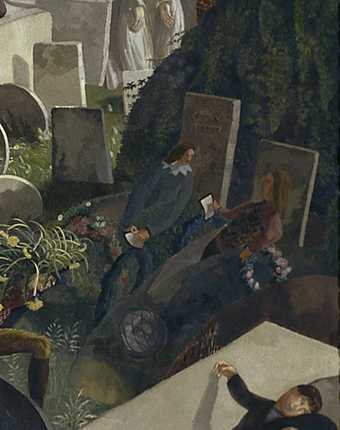 Stanley Spencer The Resurrection Cookham 1924 to 1927 detail of where two figures sit up in their graves clutching papers  