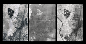 3 black and white images that show highly textured abstract shapes, an image of a young girl of colour wearing a white dress and tiara is visible through the textures of the first and third image