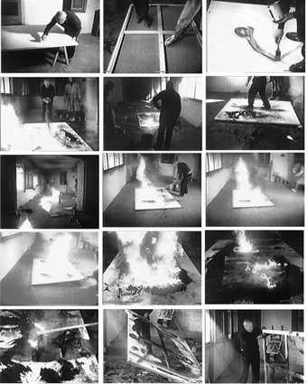 Stills from Francesc Catala Rocas film Miro 73 Toiles brulees showing Miro creating his Burnt Canvases 1973