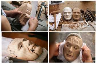 Stills from Simon Starlings film Project for a Masquerade Hiroshima featuring the making of masks for Henry Moore James Bond Joseph Hirshhorn and Anthony Blunt in the studio of Yasuo Miichi 