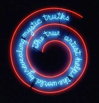 red neon swirl light with blue neon text unravelling inside