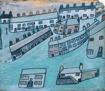 Blue and turquoise painting of houses in St Ives by Alfred Wallis