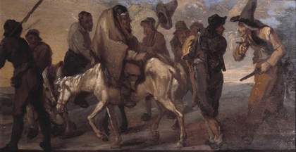Francis Le Piper ?16401695 Hudibras and Ralph taken Prisoner c.1664-77 Oil paint on panel 232 x 432 mm T00248
