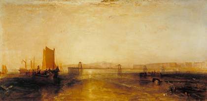 Painting of Brighton Pier from the sea, with boats on the left and the pier emerging from the beach on the right, and the town behind. In the middle of the painting, the light from a setting or rising sun is reflected gold on the water.