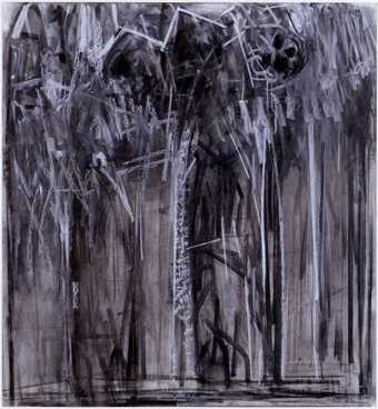 Energetic charcoal drawing with lots of black white and grey lines making the rough outline of gothic windows.