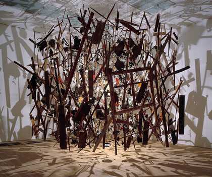 Cornelia Parker's Cold Dark Matter: An Exploded View 1991, pieces of an exploded garden shed suspended in space, casting dramatic jagged shadows