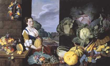 Fig.1 Nathaniel Bacon 1585‒1627 Cookmaid with Still Life of Vegetables and Fruit c.1620−5 Oil paint on canvas 1510 x 2475 mm T06995