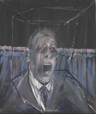 A painting of the shoulders and head of a man who appears to be screaming. His face is partly rubbed out and there is a very pale cube around the figure.