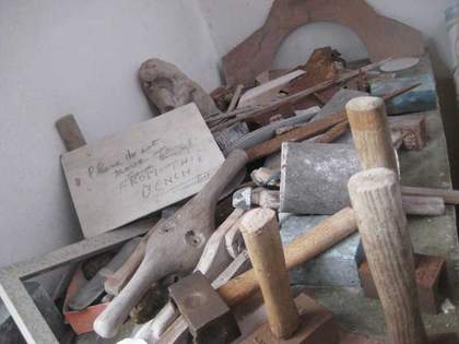 Tools on a workbench in the stone-carving studio, Barbara Hepworth Museum and Sculpture Garden, St Ives, 2010