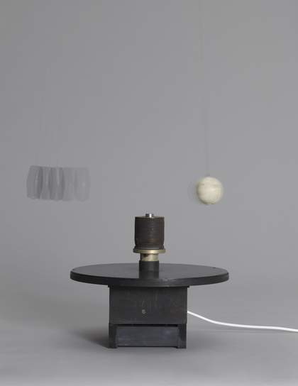 Takis, Magnetic Ballet, 1961, cork, electromagnet, magnet, nylon thread, steel and wood, 45 × 40 × 40 cm