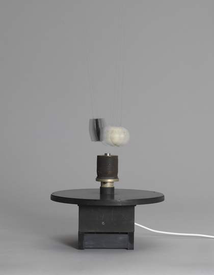 Takis, Magnetic Ballet, 1961, cork, electromagnet, magnet, nylon thread, steel and wood, 45 × 40 × 40 cm