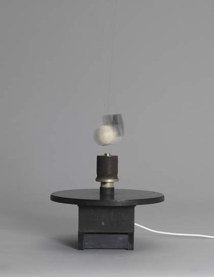 Takis, Magnetic Ballet, 1961, cork, electromagnet, magnet, nylon thread, steel and wood, 45 × 40 × 40 cm
