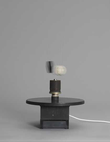 Takis, Magnetic Ballet, 1961, cork, electromagnet, magnet, nylon thread, steel and wood, 45 × 40 × 40 cm