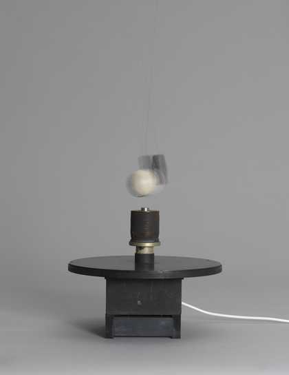 Takis, Magnetic Ballet, 1961, cork, electromagnet, magnet, nylon thread, steel and wood, 45 × 40 × 40 cm