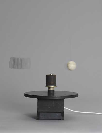 Takis, Magnetic Ballet, 1961, cork, electromagnet, magnet, nylon thread, steel and wood, 45 × 40 × 40 cm