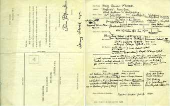 Biographical Tate questionnaire completed by Henry Moore in the early 1940s showing Henry Moore's handwritten responses.