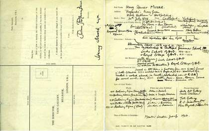 Biographical Tate questionnaire completed by Henry Moore in the early 1940s showing Henry Moore's handwritten responses.