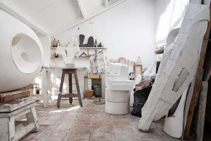 Interior view of a plaster workshop at Barbara Hepworth's studio