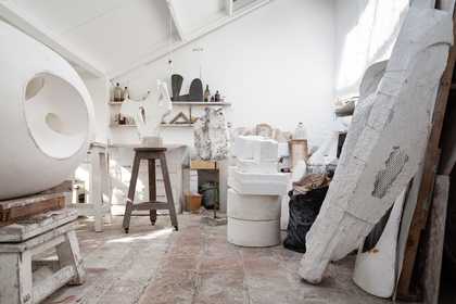 Interior view of a plaster workshop at Barbara Hepworth's studio