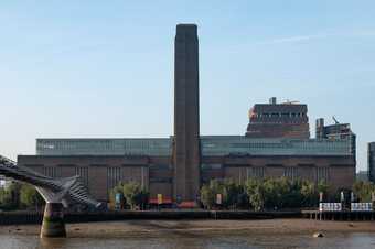View of Tate modern building from St Pauls, showing the Thames and bridge