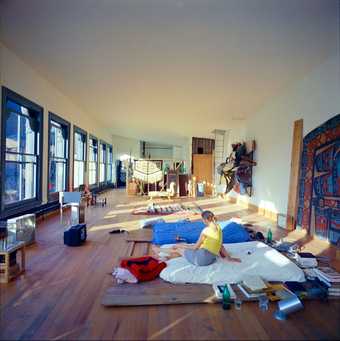 Julie Finch, Flavin Judd and Rainer Judd in the family bedroom on the fifth floor of 101 Spring Street, New York, 1970, photographed by Donald Judd