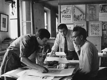 Giancarlo Pozzi, Giorgio Upiglio and Wifredo Lam at the Grafica Uno print studio in Milan, c.1967