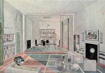 Interior design with sporting motifs by Paul Nash for a competition for Lord Benbow's apartment, published in 'The Architectural Review', November 1930