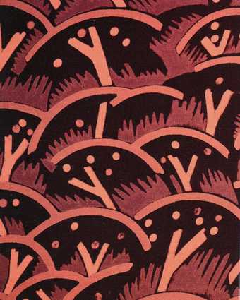 Paul Nash's Cherry Orchard textile design, block-printed crêpe de Chine in three colourways for Cresta Silks, 1930