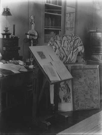 Paul Nash's studio showing textile designs in progress, photographed by Francis Bruguière, c.1935