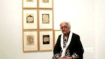 Zarina Hashmi with her work