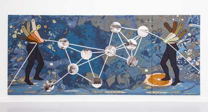 Large textile work with two headless figures with multiple arms holding a constellation of shapes