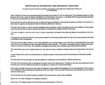 Certificate of Authenticity and Ownership Conditions for Tatlin’s Whisper #5 2008 by Tania Bruguera