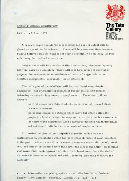 Press release for Robert Morris, Tate Gallery, 1971