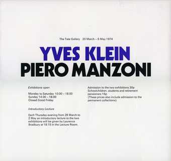 Publicity leaflet for the spring 1974 exhibition Two European Artists. Yves Klein-paintings, sculptures and documents. Piero Manzoni-paintings, reliefs and objects