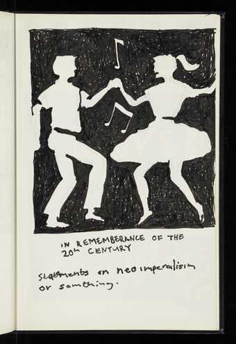 A negative space black pen ink sketch of a man and woman swing dancing with text