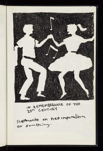 A negative space black pen ink sketch of a man and woman swing dancing with text