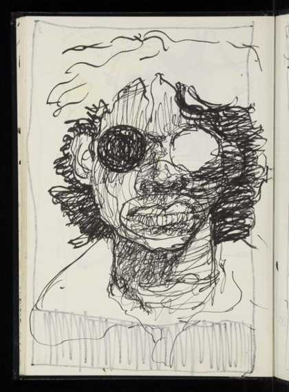 A continuous line drawing by Donald Rodney in black pen on white paper