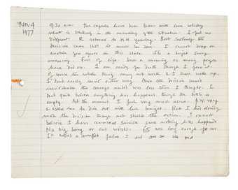 The final entry in Keith Vaughans diary, dated 4 November 1977 handwriting on white note paper