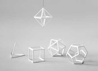 photograph of five geometric shapes made from white paper