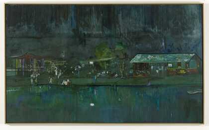 Abstract green and blue image of village