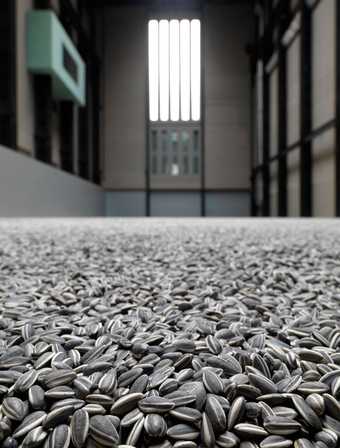 Millions of sunflower seeds on the floor of the turbine hall