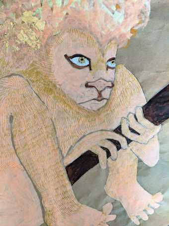 painting of a lion with human legs and arms, holding a stick