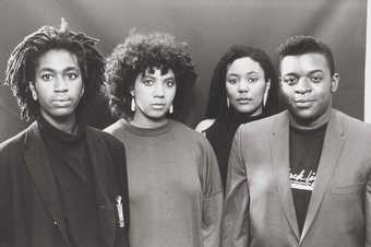 Black and white portrait image of three women and one man from the Sankofa Film And Video Collective