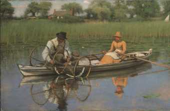 Colour painting of two people on a boat on a lake