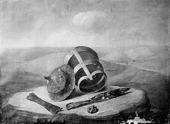 Thomas Guest Grave group from a surface interment at Winterslow, bucket, shield boss and dagger; landscape background [Saxon] 1814