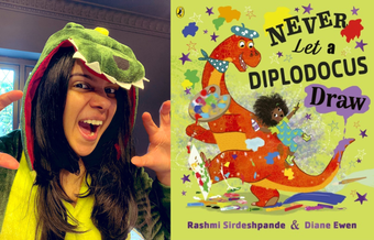 Author Rashmi Sirdeshpande and cover of Never let a Diplodocus Draw by Rashmi Sirdeshpande and Diane Ewan