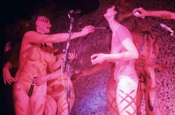 A photograph of the Neo Naturists performing on stage in punk-style body paint