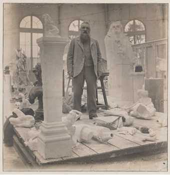 Rodin in his studio in Meudon, Paris in 1902, black and white photograph