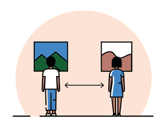 illustration of two figures standing apart looking at two paintings
